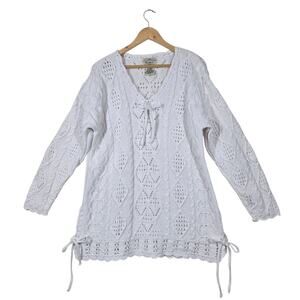 VTG Yarnworks Hand Knit Sweater XL White Chunky Cable Knit Ties Scalloped Hem